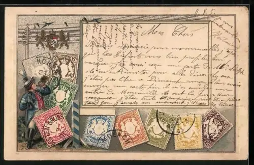 Präge-AK Briefmarken mit Briefträger und Posthorn