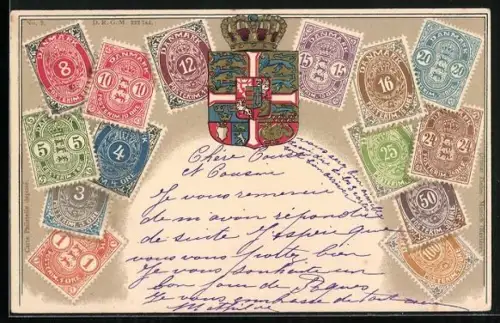 Präge-AK Dänemark, Briefmarken und Wappen