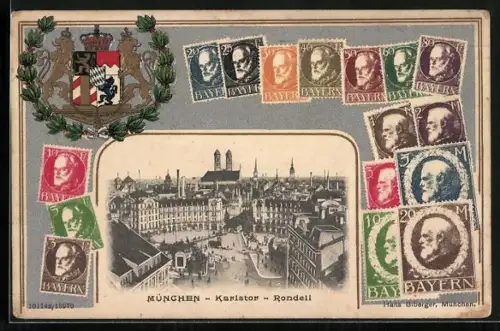 AK München, Karlstor, Rondell, Briefmarken, Wappen