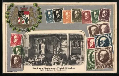 AK München, Restaurant Platzl, Briefmarken-Passepartout, Wappen