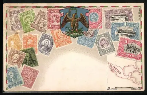 AK Mexico, Landkarte, Briefmarken und Wappen