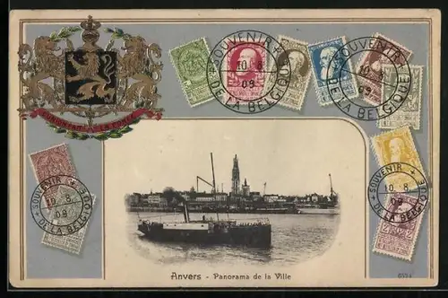 Präge-AK Anvers, Panorama de la Ville, Briefmarken-Passepartout
