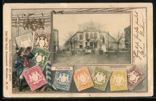 Präge-AK München, Gartentheater, Briefmarken-Passepartout mit Postbote mit Horn