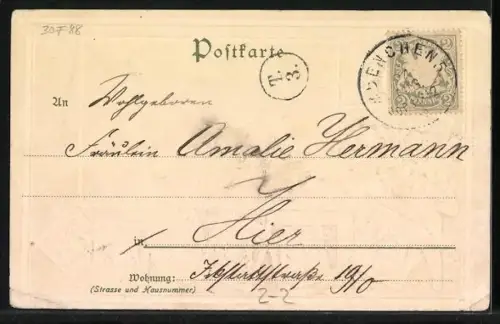 Präge-AK München, Gartentheater, Briefmarken-Passepartout mit Postbote mit Horn