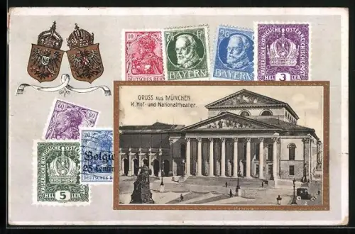 AK München, K. Hof- und Nationaltheater, Briefmarken-Passepartout