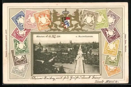 AK München, Ausblick vom Maximilianeum, Briefmarken
