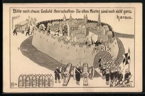 Künstler-AK Bitte noch etwas Geduld Herrschaften - Die alten Mieter sind noch nicht ganz heraus, 1. Weltkrieg, Paris
