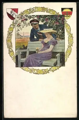 Künstler-AK Student beim Flirt mit einer jungen Dame im Grünen, Rosen-Kranz, Studentenwappen