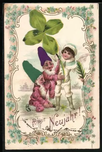 AK Zwerge und Engel, Klee, Vergissmeinnicht, Neujahr