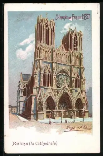 Lithographie Reims, La Cathedrale, Chemins de Fer de l`Est