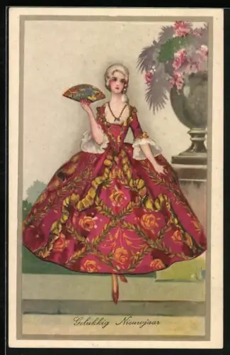 AK Dame mit Fächer im Reifrock mit Rosenaufdruck, Neujarsgruss, Art Deco