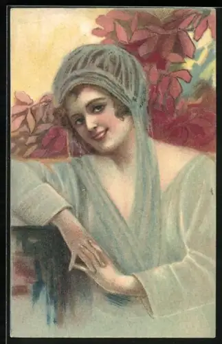 AK Junge Dame mit Schleierhut vor rötlichen Blättern, Art Deco