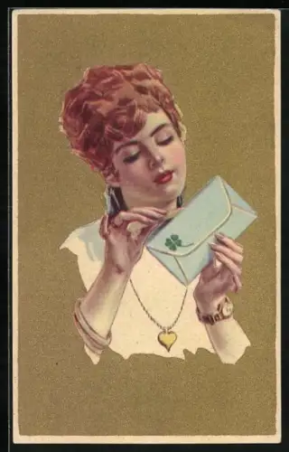 AK Junge Dame mit Herz-Anhänger öffnet einen Brief, Art Deco