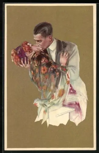 AK Liebespaar sich küssend, goldener Hintergrund