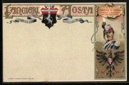 Lithographie Lancieri di Aosta, Kavallerie-Regiment, Wappen, SAR Umberto di Savoia, Portrait