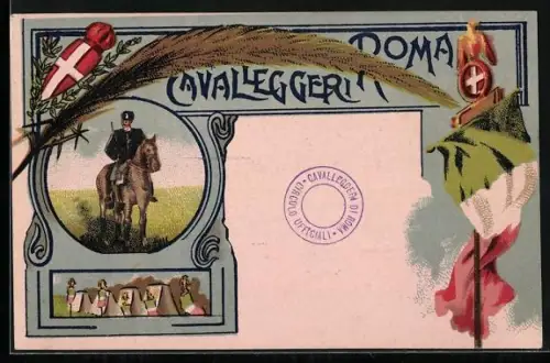 Lithographie Roma Chavalleggeri, Wappen, Kavalleriesoldat, Fahne, Lager