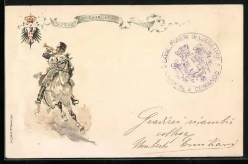 Lithographie Cavalleggeri di Lucca, Kavalleriesoldat mit Trompete, Wappen