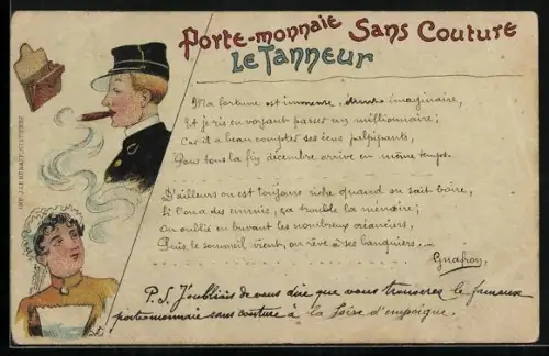 Lithographie Le Tanneur, Porte-monnaie, Sans Couture, Zigarrenraucher, Serviererin, Reklame