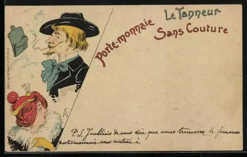 Lithographie Le Tanneur, Porte-monnaie, Sans Couture, Zigarettenenraucher, Dame, Reklame