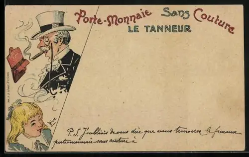 Lithographie Le Tanneur, Porte-monnaie, Sans Couture, Zigarrenraucher, Mädchen, Reklame