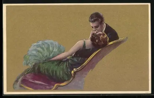 AK Sich küssendes elegantes Paar auf einem Liegesessel, Art Deco