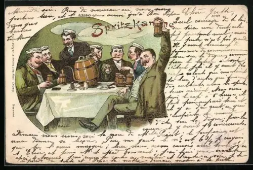 Lithographie Spritzkanne, Studenten beim Bier mit Bierfass-Kanne