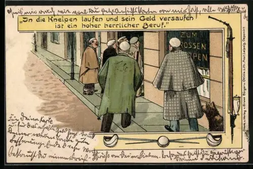 Lithographie In die Kneipe laufen und sein Geld versaufen, studentische Szene, gekreuzte Degen