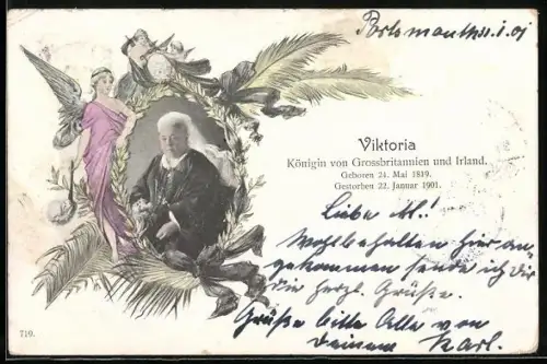 AK Königin Victoria, Portrait im Ehrenkranz, Engel, Trauerkarte