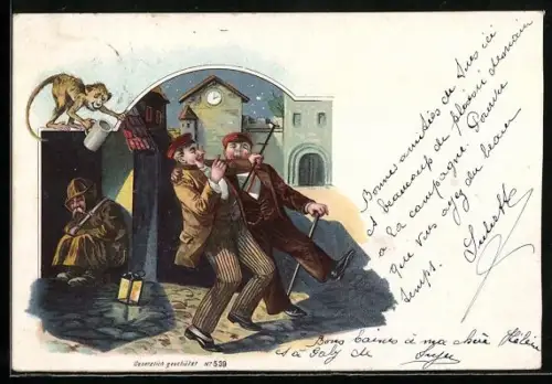 Lithographie Betrunkene Studenten auf dem Heimweg, schlafender Nachtwächter, Affe mit Bierkrug