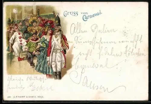 Lithographie Menschen in Kostümen zum Carneval