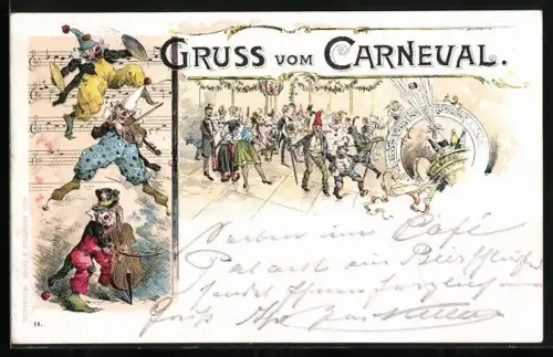 Lithographie Musizierende Clowns, Gruss vom Carneval