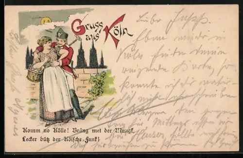 Lithographie Köln, Mann im Kostüm mit einer Frau