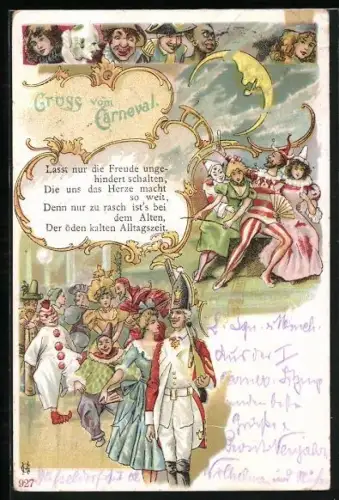 Lithographie Carneval, Menschen in Kostümen beim Feiern des Fasching