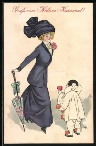 Künstler-AK Kleiner Clown bietet einer Frau ein Herz an