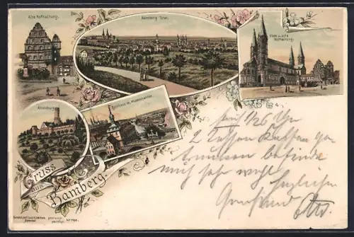 Lithographie Bamberg, Alte Hofhaltung, Dom, Altenburg, Rathaus mit Wasserpartie