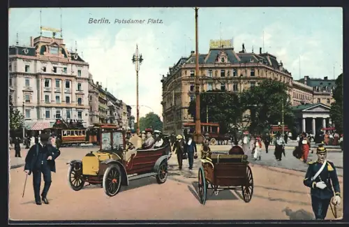 AK Berlin-Tiergarten, Kaiserpaar auf dem Potsdamer Platz im Automobil, Strassenbahn