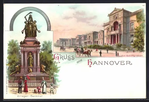 Lithographie Hannover, Krieger-Denkmal, Am Schiffgraben