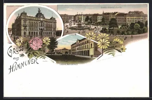 Lithographie Hannover, Kaiserl. Postamt, Ernst-August-Platz, Lyceum, Realschule