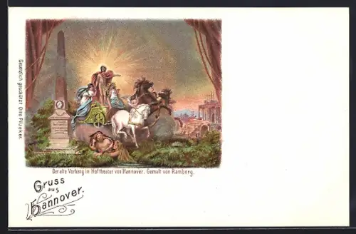 Lithographie Hannover, Der alte Vorhang im Hoftheater, Gemälde von Ramberg