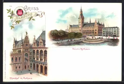 Lithographie Hamburg, Neues Rathaus, Ehrenhof im Rathaus