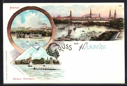 Lithographie Hamburg, Alster, Alsterlust, Fährhaus Uhlenhorst