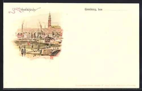Lithographie Hamburg-Neustadt, St. Michaeliskirche, Hafenansicht