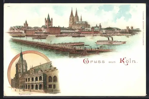 Lithographie Köln, Dom, Rheinpanorama, Rathaus