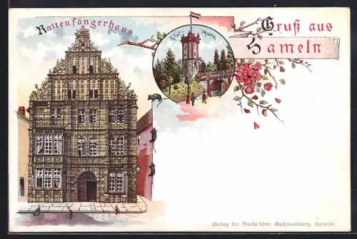 Lithographie Hameln, Rattenfängerhaus, Klüt-Turm