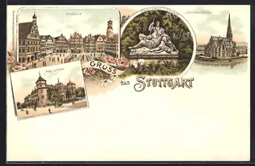 Lithographie Stuttgart, Marktplatz, Altes Schloss, Johannes-Kirche, Denkmal