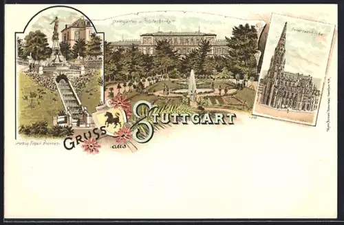 Lithographie Stuttgart, Herzog Eugen Brunnen, Stadtgarten und Polytechnikum, Feuersee-Kirche