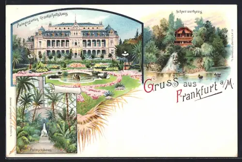Lithographie Frankfurt-Westend, Palmengarten Gesellschaftshaus, Palmenhaus, Schweizerhaus