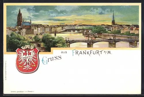 Lithographie Alt-Frankfurt, Stadtansicht mit Dom, Brücken und Stadtwappen