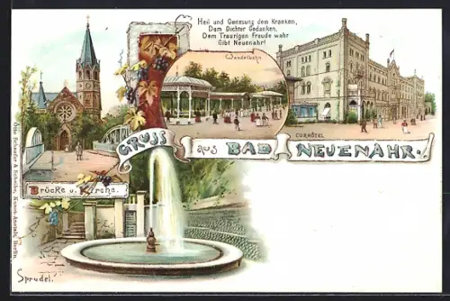 Lithographie Bad Neuenahr, Kurhotel, Wandelbahn, Brücke und Kirche