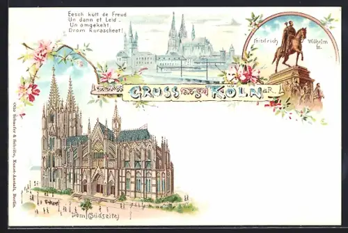 Lithographie Köln, Dom Südseite, Reiterstandbild Friedrich Wilhelm III., Stadtansicht